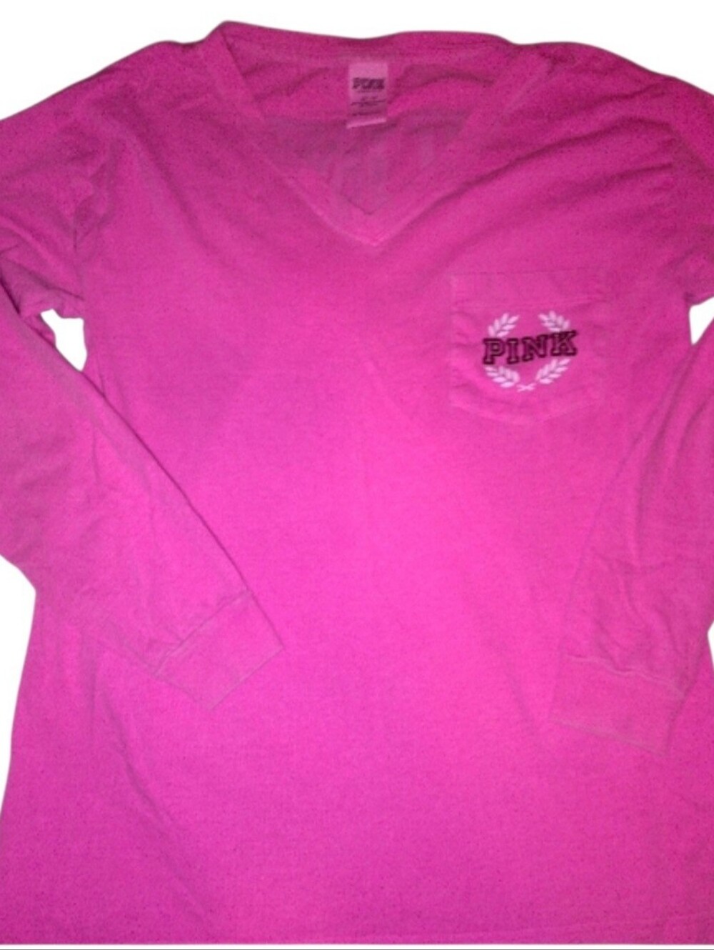 PINK Victoria's Secret Hot Pink Long Sleeve V-Neck Pocket Tee Size XS